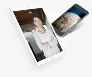 A Woman Standing While Folding Her Arms Shown On A - Tablet Computer