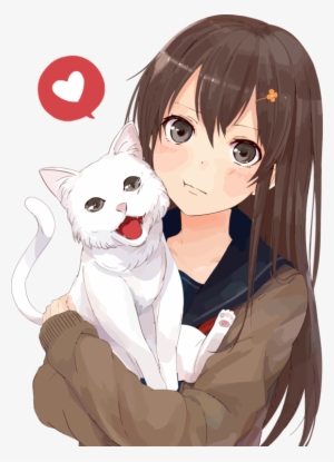 Brown Hair Anime Catgirl Drawing - Anime Girl With Cat Png