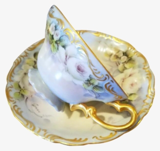 Limoges Or Bavaria Hand Painted White Rose Cup Saucer,
