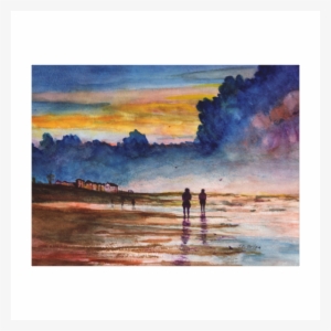 Stormy Sunset Beach Combing Watercolor Seascape Canvas - Watercolor Painting