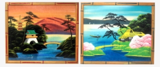 Vintage Colorful Pagoda Landscape Paintings In Faux - Landscape Painting