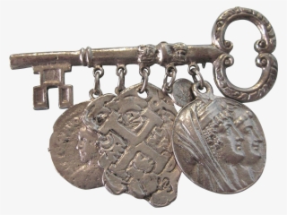 Chunky Vintage Key With Coin Dangles Silvertone Brooch - Antique