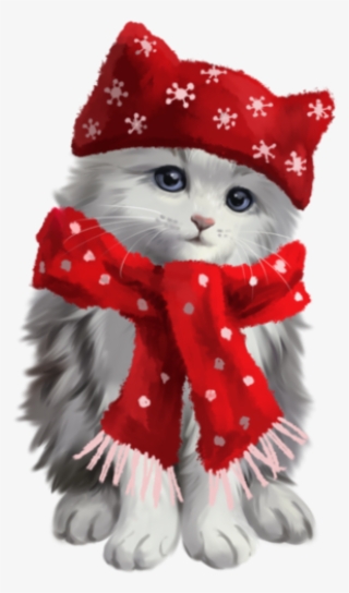 Cute Kitty Kitten Cat Grey White Red Scarf Hat Christma - Cat