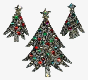 Festive 1960s Hollycraft Christmas Tree Red Green Brooch - Christmas Ornament