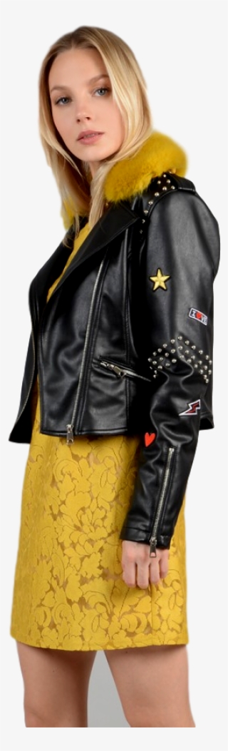 Ladies Woven Black W Yellow Faux Fur Jacket - Leather Jacket