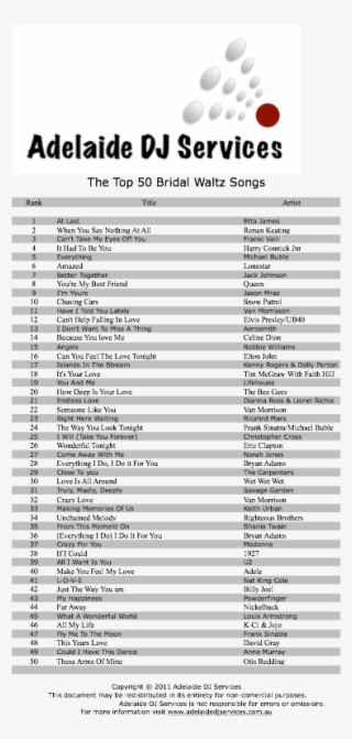 Adelaide Dj Services Top 50 Bridal Waltz Songs Pdf - Wedding