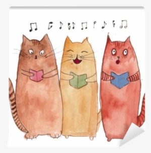 Orange Brown Cats Singing Watercolor Wall Mural • Pixers® - Cartoon Cat Singing