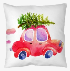 Watercolor Winter Retro Car With Christmas Tree Illustrations - Christmas Tree On Car Drawing