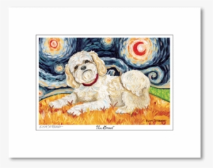 Shih Tzu Blonde Starry Night Matted Print - Van Growl - Westie On A Starry Night