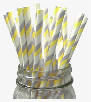 Yellow And Grey Striped 25pc Paper Straws - Yellow