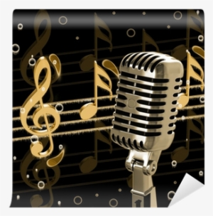 Vintage Microphone On The Background Wall Mural • Pixers® - Pentagramma Con Note E Vecchio Microfono