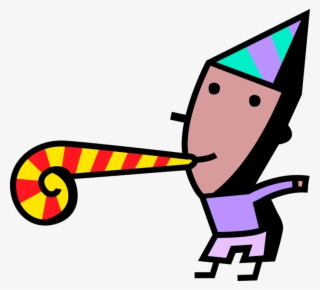 Vector Illustration Of Birthday Boy Blows Party Noisemaker - Vector Graphics