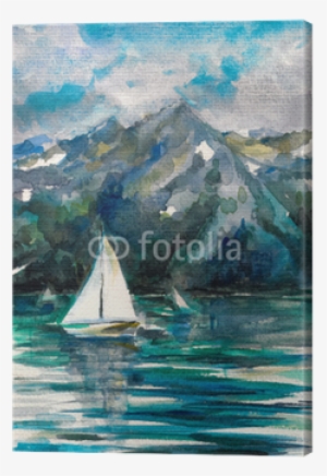 Sailboat On Lake Watercolor Painted - Żaglówki Obraz