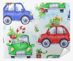Watercolor Seamless Pattern With Cartoon Holidays Cars - Watercolor Painting