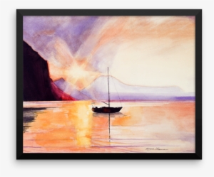 Baja Sunset With Sailboat Framed Watercolor Print - Painting