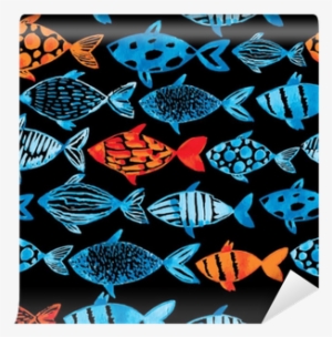 Light Watercolor Blue And Gold Fishes On The Black - Watercolor Painting