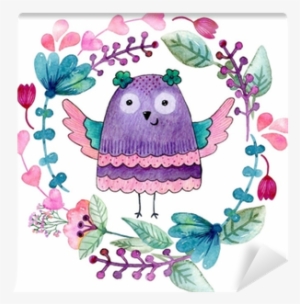 Watercolor Funny Illustration With Owl And Flowers - Watercolor Painting