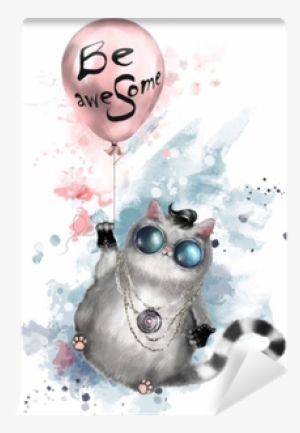 Illustration Of A Cute Cat In Rocker Style, With Round - Watercolor Painting