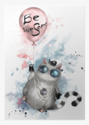 Illustration Of A Cute Cat In Rocker Style, With Round - Watercolor Painting