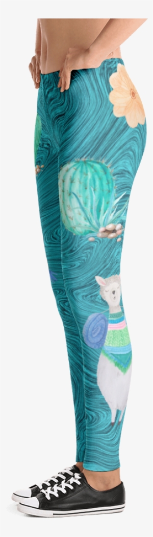 Boho Watercolor Llama & Cactus Turquoise Marble Print - Leggings