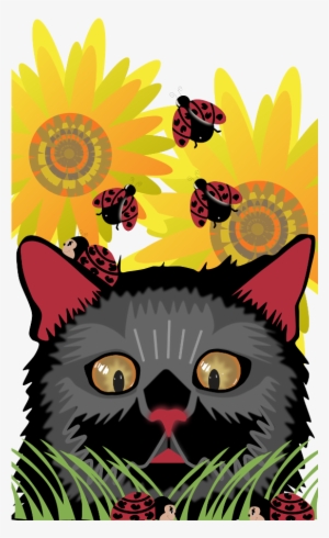 Cat Peeking Ladybugs Vertical - Black Cat
