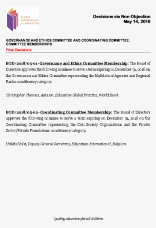 Board Decision Via Non-objection - Global Partnership For Education