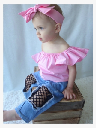 Pink Off-shoulder Fishnet Denim Pants 3pcs Set - Trousers