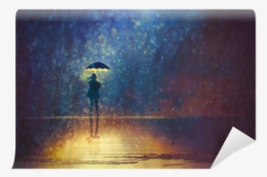 Lonely Woman Under Umbrella Lights In The Dark,digital - Art Of Employee Energy