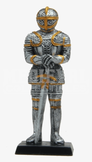 Medieval Knight Resting On Sword Statue - 4 Inch Small Armored Medieval Knight With Sword Statue