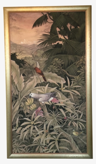Large Balinese Sayan Kupah Tropical Birds & Jungle - Mid 20th Century Balinese Oil On Canvas Depicting Birds