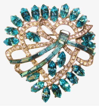 Fabulous Aqua Rhinestone Heart Shaped Vintage Signed - Brooch