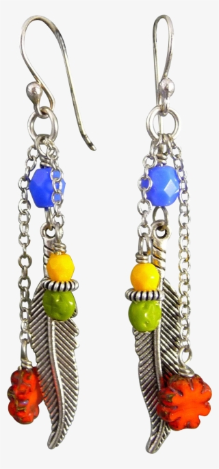 Colorful Silver Feather Czech Glass Earrings - Earring