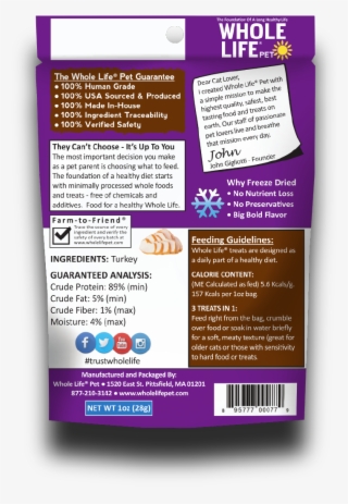 Just One Turkey Cat 1oz Back Shadow - Whole Life Pet Living Treats Usa Freeze Dried Pumpkin