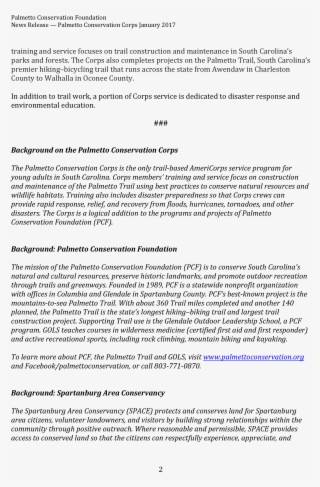 Palmetto Conservation Corps Completes Trail Work For - Obligation