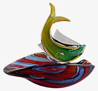 Colorful Murano Fish Bowl With Red And Blue Stripes