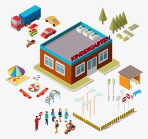 Icons Of The Kindergarten Building, Playground Equipment, - Детский Сад Здание Вектор