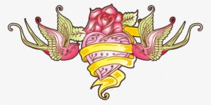 Flying Swallows And Pink Heart With Banner Tattoo Design - Design