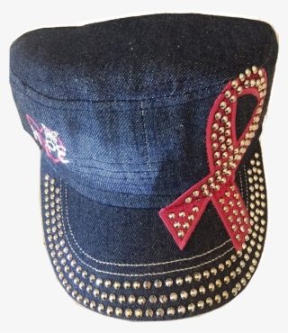 Bling Military Style Cap Blue Denim With Pink Ribbon