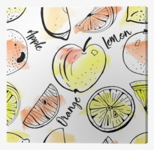 Vector Seamless Pattern Of Hand Drawn Apple, Orange, - Watercolor Painting