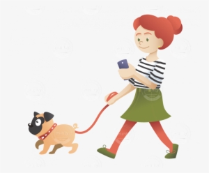 A Redhead Girl Walking With Her Pug And Checking Her - Cartoon Girl Walking Png
