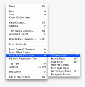 Screen Grab Showing How To Select Break Characters - Indesign Keyboard Shortcuts Page Break