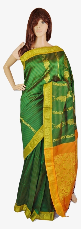 Gorgeous Green & Gold Stripe Silk Saree