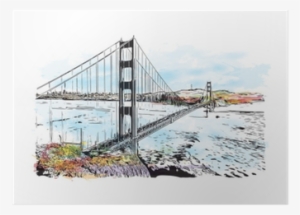 Watercolor Splash With Sketch Of Golden Gate, San Francisco, - Golden Gate Water Color
