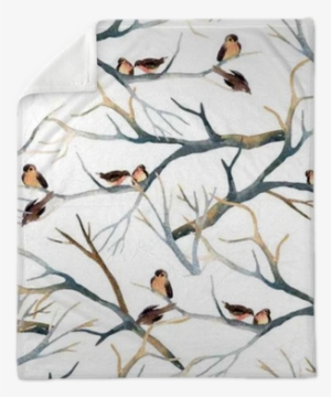 Watercolor Birds On The Tree Branches Plush Blanket - Birds In Branches