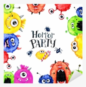 Hand Drawn Square Frame With Watercolor Funny Monster - Watercolor Horor Party