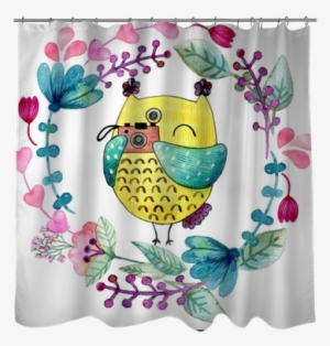 Watercolor Funny Illustration With Owl And Flowers - Watercolor Painting