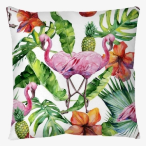 Watercolor Illustration Of Tropical Pink Flamingo Bird - Monstera Leaf Brushed Aluminium Wall Art 80cm