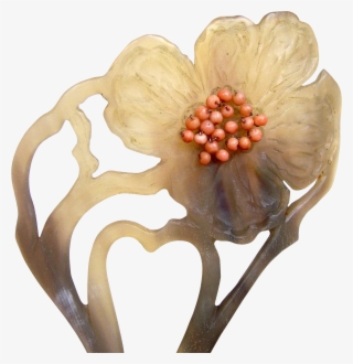 Art Nouveau Hair Comb Carved Painted Horn Coral Flower