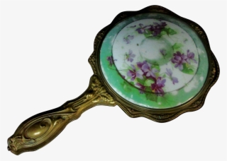Antique Hand Held Porcelain Mirror Gold-tone Over Copper