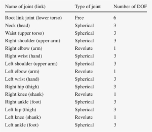 Chosen Dof In The Model Of The Human Body - Number